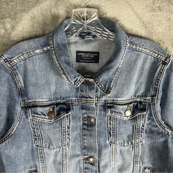 American Eagle Vintage Y2K Jean Jacket Large Distressed Denim Classic Grunge - Picture 2 of 15